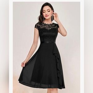 Lace Top Ruffle Cocktail Swing Dress #1004